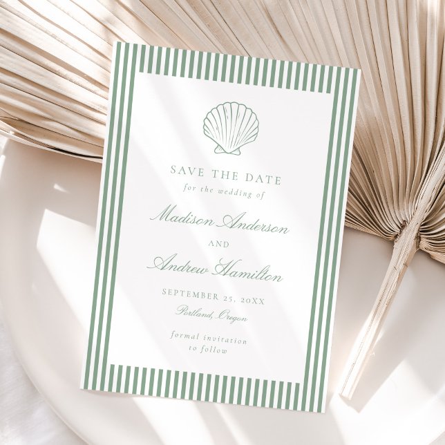 Coastal Sage Stripe Shell Wedding Save the Date (Von Creator hochgeladen)