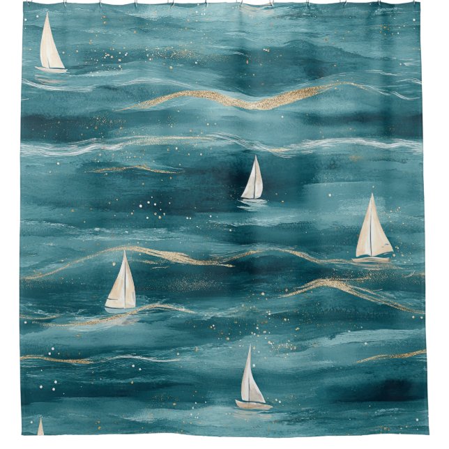 Coastal Sailboat Waves Nautical Pattern (3) Duschvorhang (Vorderseite)