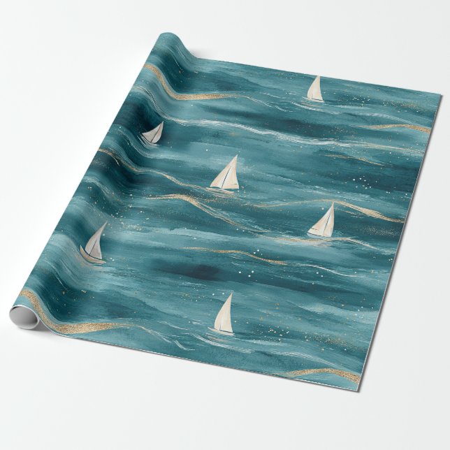 Coastal Sailboat Waves Nautical Pattern (3) Geschenkpapier (Ungerollt)