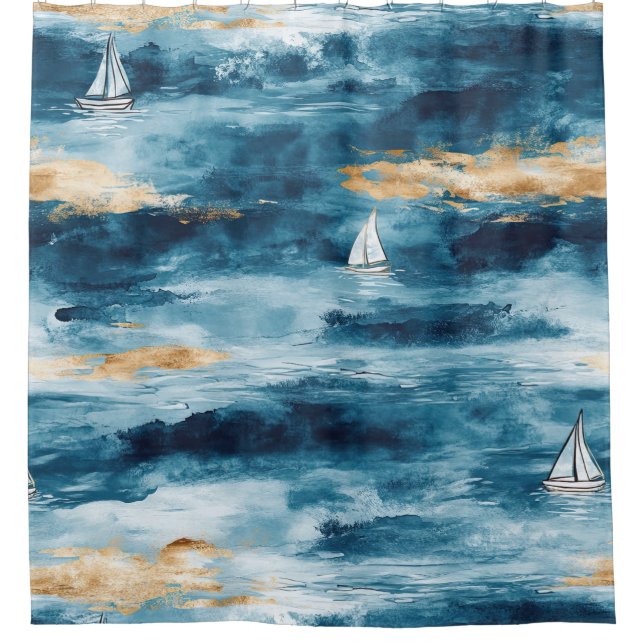 Coastal Sailboat Waves Nautical Pattern (4) Duschvorhang (Vorderseite)