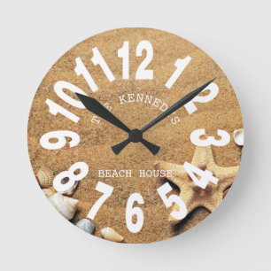 Coastal Sand Beach House Familie Große Zahlen Runde Wanduhr