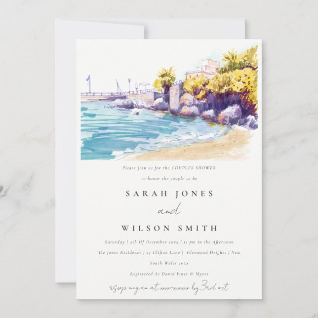Coastal Sand Beach Rocky Seascape Paare Dusche Einladung (Vorderseite)