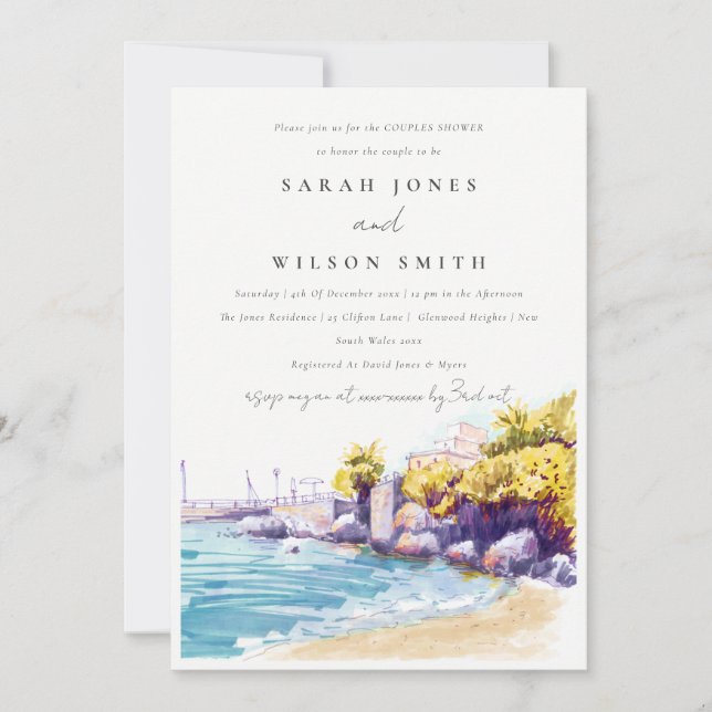 Coastal Sand Beach Rocky Seascape Paare Dusche Einladung (Vorderseite)