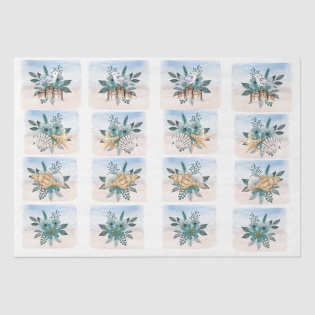 Coastal Sandpipers Flowers Shells Decoupage Paper Seidenpapier (Vorderseite)