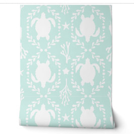 Coastal Sea Turtles in White and Mint Green Tapete