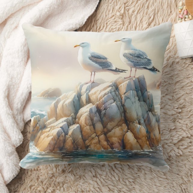 Coastal Seagulls Watercolor Seascape Kissen (Decke)