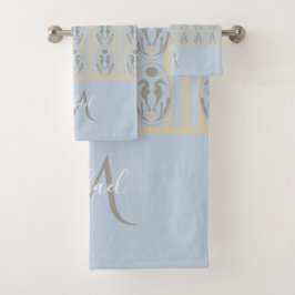 Coastal Seahorse Cameo Blue Cream Strip Monogram  Badhandtuch Set