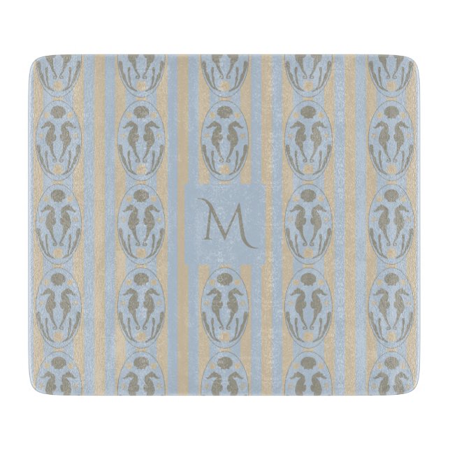 Coastal Seahorse Cameo Blue Cream Strip Monogram Schneidebrett (Vorderseite)