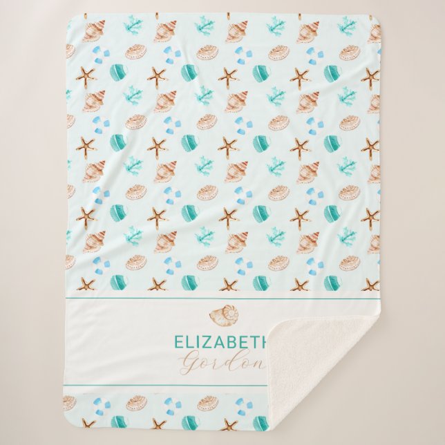 Coastal Seashell Beach House Decor Monogram Sherpadecke (Vorderseite)