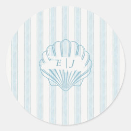 Coastal Seashell Bride Groom Initial Blue Runder Aufkleber