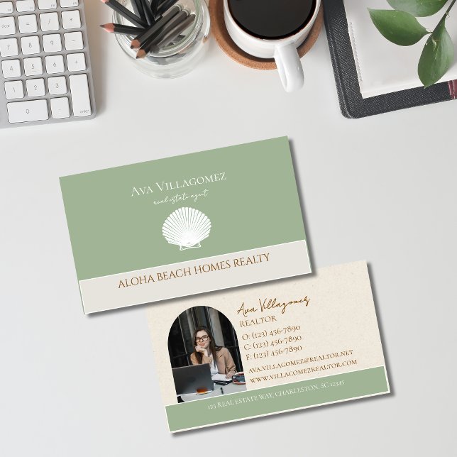 Coastal Seashell Logo Neutral Real Anwesen Visitenkarte (Elegant and professional agent business card that makes a great first impression!)