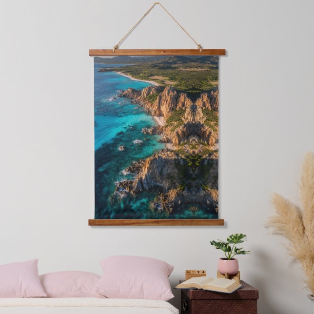 Coastal Serenity from Above Wandteppich Mit Holzrahmen (Schlafzimmer)