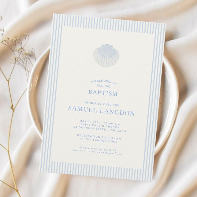 Coastal shell blue striped baptism Invitation Einladung (Von Creator hochgeladen)