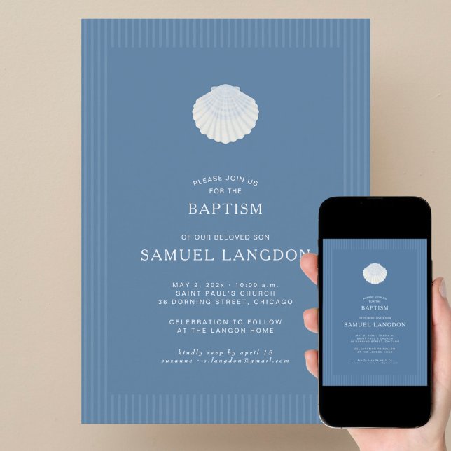 Coastal shell blue striped baptism Invitation Einladung (Von Creator hochgeladen)