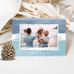 Coastal Stripe Holiday Photo Card Feiertagskarte<br><div class="desc">Chic coastal style holiday card adds nautical flair to your Christmas greetings. Perfect for sharing a vacation photo, or for families who live in coastal, tropical, warm weather or island locales, this elegant design features your favorite horizontal or landscape oriented photo on a background of blue and sea green watercolor...</div>