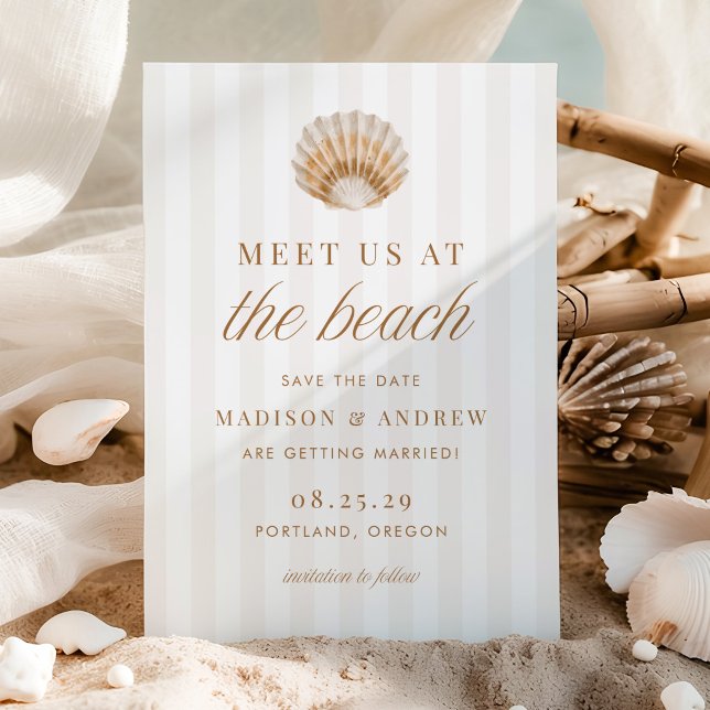Coastal Stripes Shell Beach Wedding Save The Date (Von Creator hochgeladen)