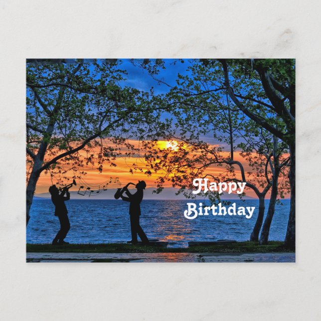 Coastal Sunset Musicians Silhouette Geburtstag Postkarte (Vorderseite)