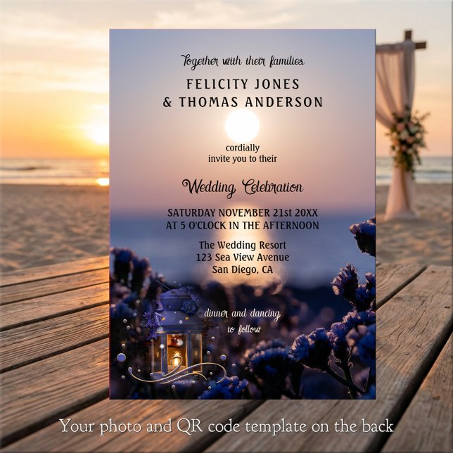 Coastal Sunset Winter Wedding Invitation Einladung (Wedding invitation featuring a sunset at the ocean with a festive lantern with sparkling lights)