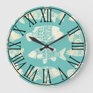 Coastal Taupe Floral Fish & Sea Green Große Wanduhr