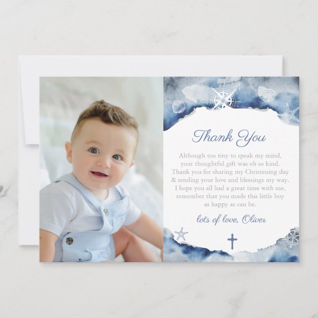 Coastal-Thema Christening für Boy Indigo Blue Dankeskarte (Vorderseite)