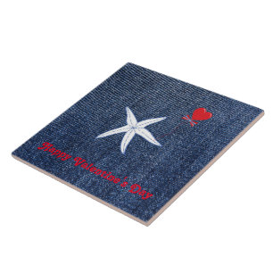 Coastal Thema Valentine's Day Red Heart & Starfish Fliese