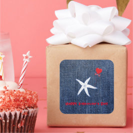 Coastal Thema Valentine's Day Red Heart & Starfish Quadratischer Aufkleber