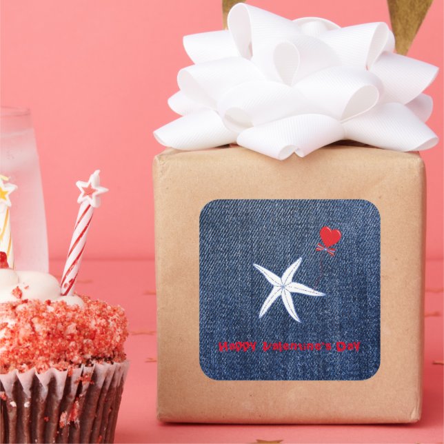 Coastal Thema Valentine's Day Red Heart & Starfish Quadratischer Aufkleber (Party)