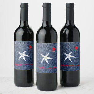 Coastal Thema Valentine's Day Red Heart & Starfish Weinetikett