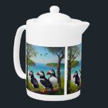 Coastal Trio: Drei Puffins am Strand in Oils<br><div class="desc">Auf einem Baumzweig über dem Ozean sind drei bunte Puffin-Vögel abgebildet</div>