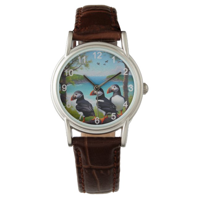 Coastal Trio: Drei Puffins am Strand in Oils Armbanduhr (Vorderseite)