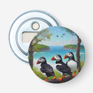Coastal Trio: Drei Puffins am Strand in Oils Flaschenöffner