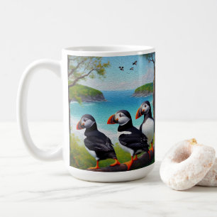 Coastal Trio: Drei Puffins am Strand in Oils Kaffeetasse