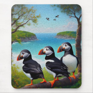 Coastal Trio: Drei Puffins am Strand in Oils Mousepad