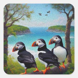 Coastal Trio: Drei Puffins am Strand in Oils Quadratischer Aufkleber