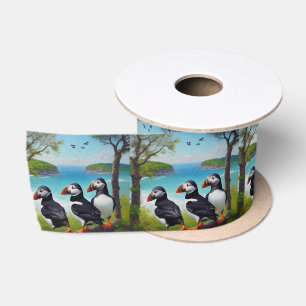 Coastal Trio: Drei Puffins am Strand in Oils Satinband