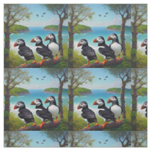 Coastal Trio: Drei Puffins am Strand in Oils Stoff