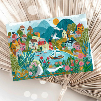 Coastal Village Harbor Scenic Illustration  Karte