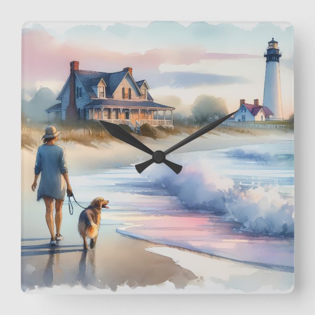 Coastal Walk to Lighthouse at Sunset Quadratische Wanduhr (Vorderseite)