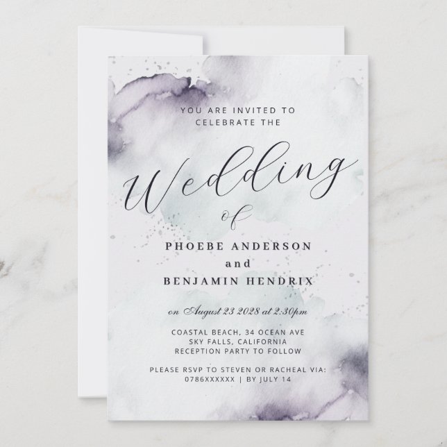 Coastal Watercolor Blauer Elegante Hochzeit Einladung (Vorderseite)