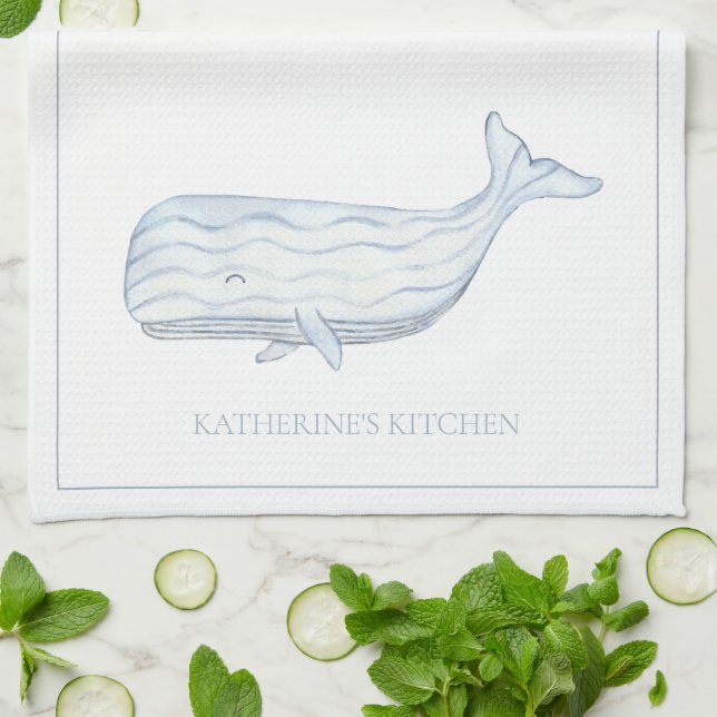 Coastal Watercolor Blue Whale Personalisiert Geschirrtuch (Gefaltet)