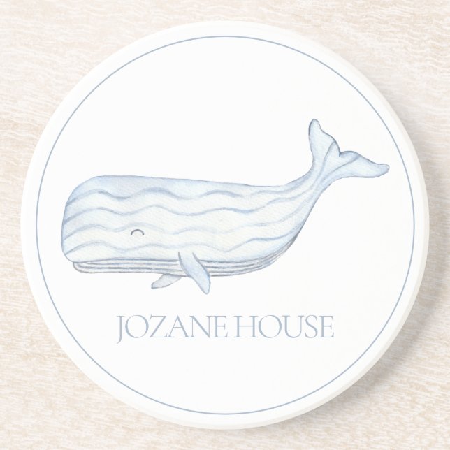Coastal Watercolor Blue Whale Personalisiert Getränkeuntersetzer (Vorne)