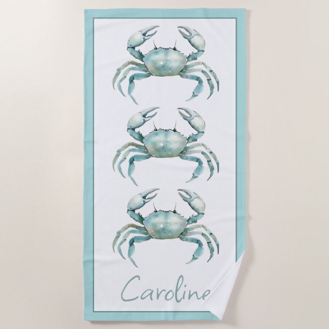 Coastal Watercolor Crab Personalized Strandtuch (Vorderseite)