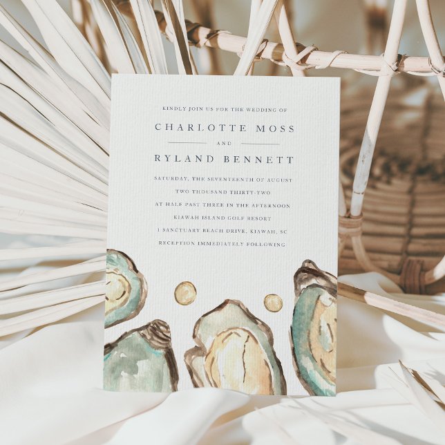 Coastal Watercolor Oyster & Pearl Wedding Einladung (Elegant coastal wedding invitations)