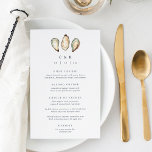Coastal Watercolor Oyster Wedding Menü<br><div class="desc">Teilen Sie Ihre Hochzeitsmenüs in elegantem Stil mit diesen weißen Küstenmenüs mit Marineschriften und einem Trio von Aqua- und Elfenbeinaquarium,  Illustrationen zur Muschel von Austern. Fügen Sie Ihre Initialen und das Hochzeitstag oben hinzu,  und passen Sie dann die Menüpunkte an,  die nach Kursverlauf geordnet sind.</div>