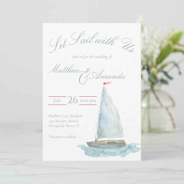 Coastal Watercolor Sailboat  Einladung (Stehend Vorderseite)