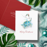 Coastal Watercolor Sea Turtle Beach Christmas Card Feiertagskarte<br><div class="desc">This minimal seashore theme holiday card features a replica of my original hand painted watercolor sea turtle with Christmas lights in shades of tropical colors on a crisp white background. The words Merry Christmas are set in a modern brush script typography. The inside features a solid berry red color with...</div>