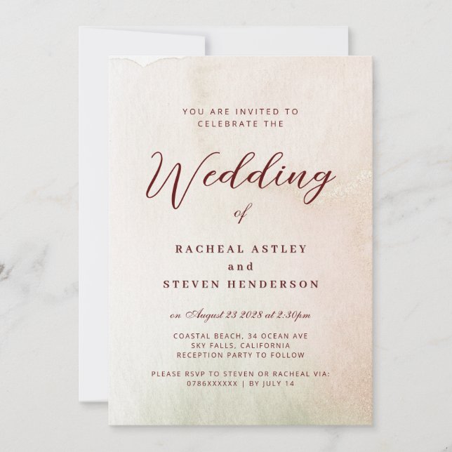 Coastal Watercolor Sepia Elegante Hochzeit Einladung (Vorderseite)