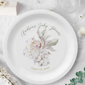 Coastal Watercolor Shells and Floral Baby Shower Pappteller
