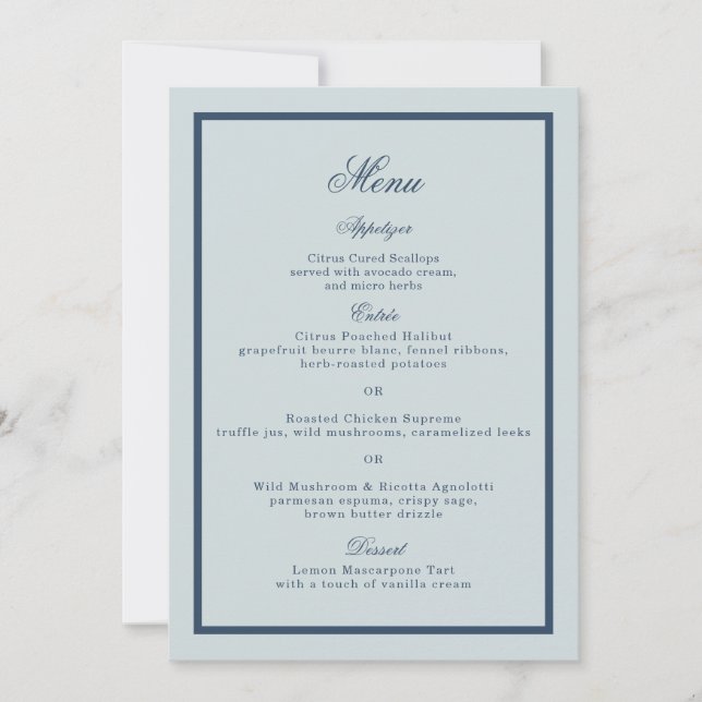 Coastal Wedding Dusty Blue Classic Menu Card Einladung (Vorderseite)