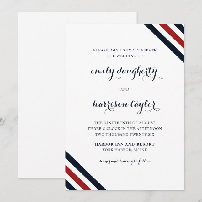 Coastal Wedding Nautical Stripes Red White Blue Einladung (Vorne/Hinten)